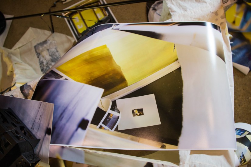 Ruins for Tomorrow, 2016 | Printed digital photographs, silk screen, canvas frame, vinyl records, video cassette, binoculars, surveillance camera, muslin, lamp stand, lantern, broken light bulb, and light kit 